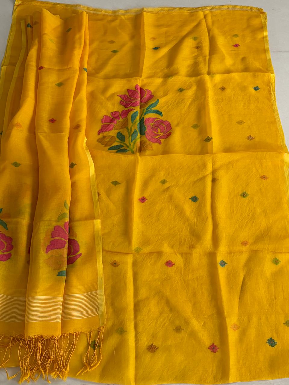 Handwoven Pure Muslin Silk Jamdani Kurta Dupatta Set  Bengal Handloom  Silkmark Certified  Yellow