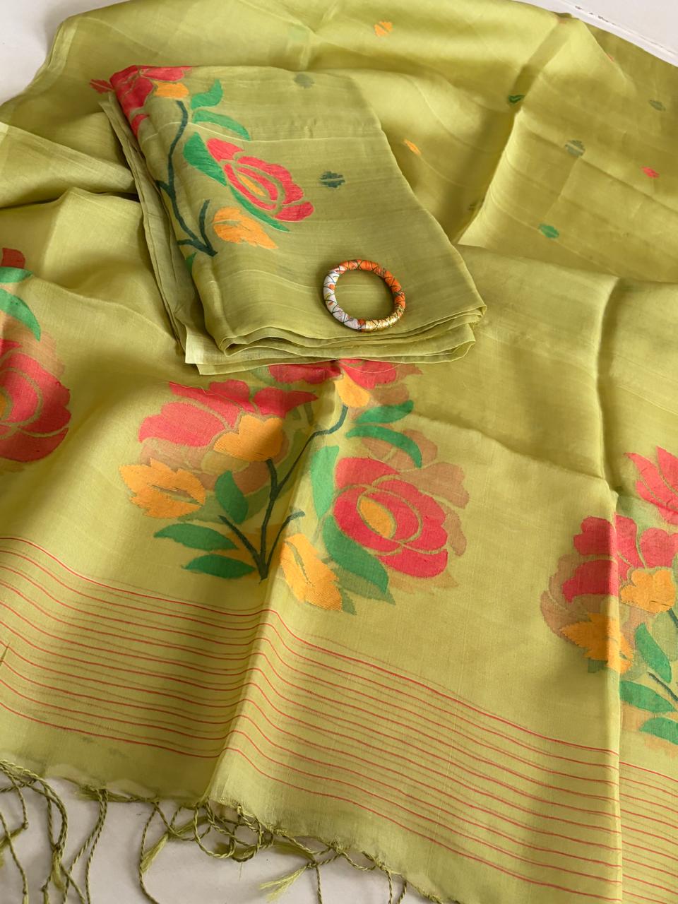 Handwoven Pure Muslin Silk Jamdani Kurta Dupatta Set  Bengal Handloom  Silkmark Certified  Green