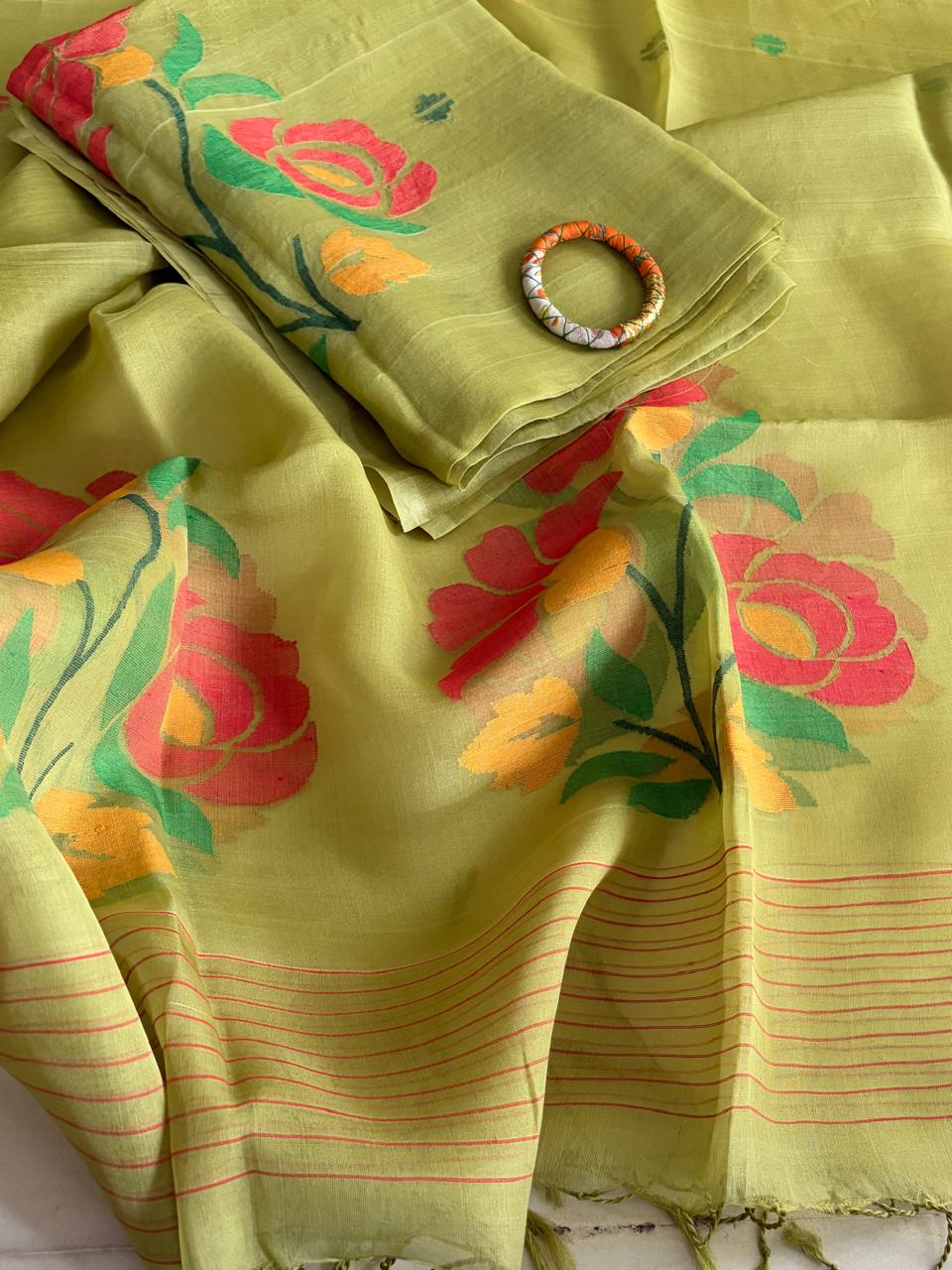 Handwoven Pure Muslin Silk Jamdani Kurta Dupatta Set  Bengal Handloom  Silkmark Certified  Green