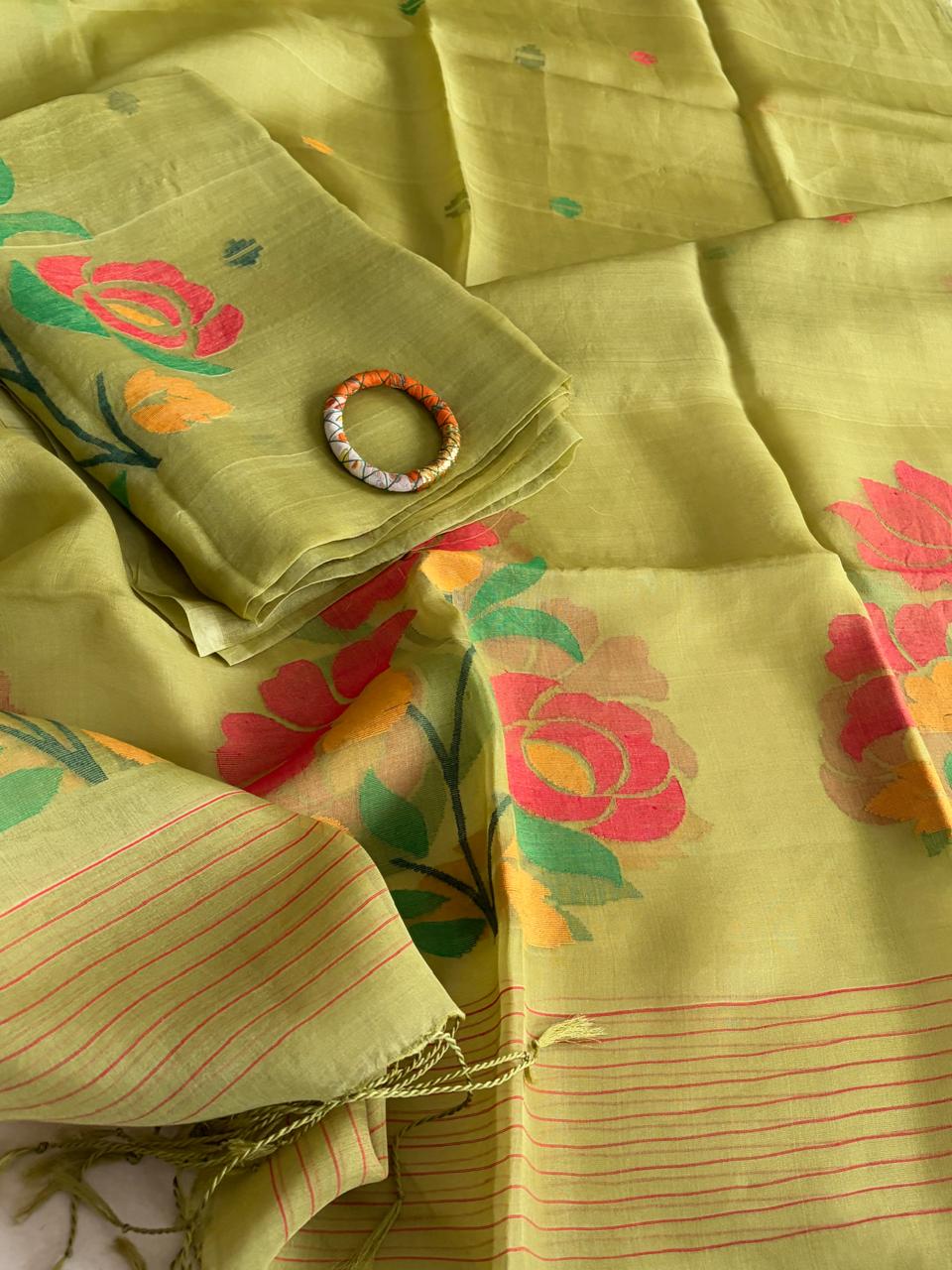 Handwoven Pure Muslin Silk Jamdani Kurta Dupatta Set Bengal Handloom Silkmark Certified Green