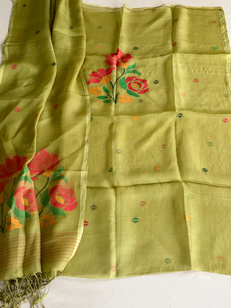Handwoven Pure Muslin Silk Jamdani Kurta Dupatta Set  Bengal Handloom  Silkmark Certified  Green