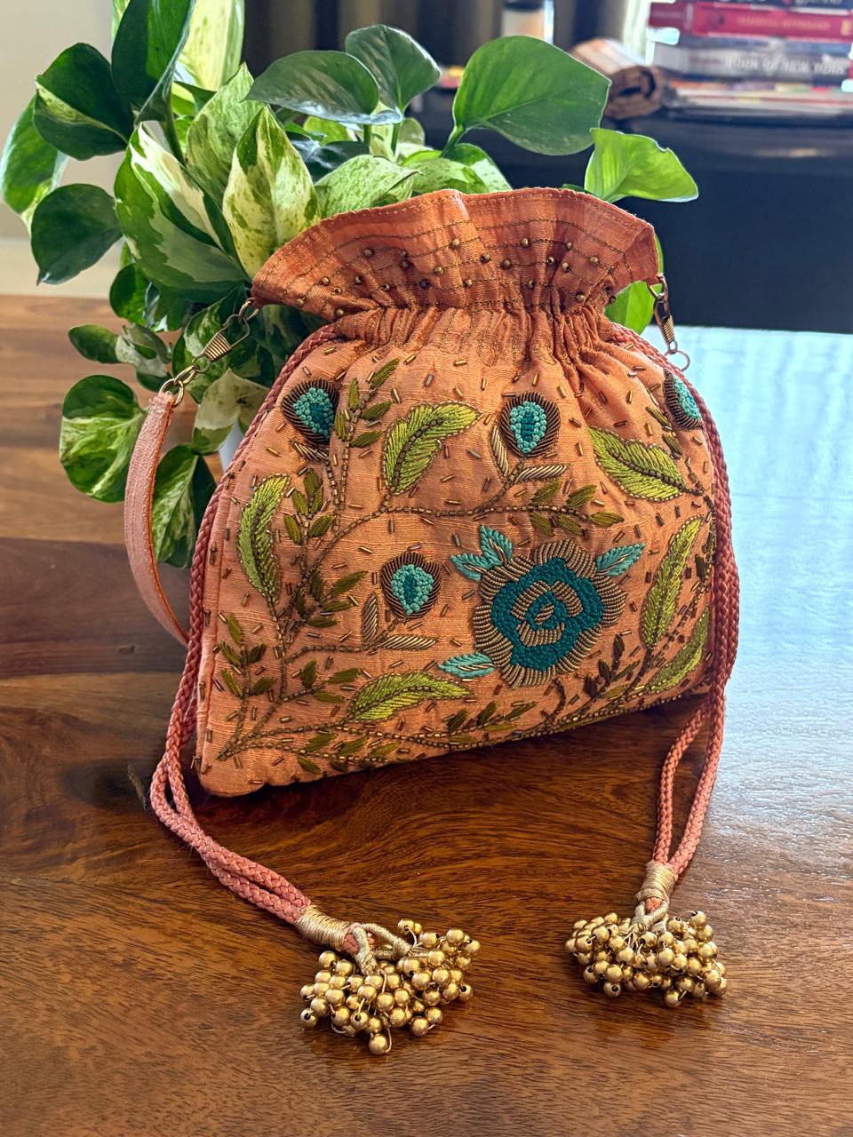 Neelpushpa Peach Floral Zardozi and Kamdani Potli