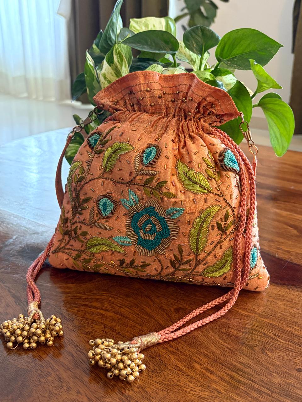 Neelpushpa Peach Floral Zardozi and Kamdani Potli