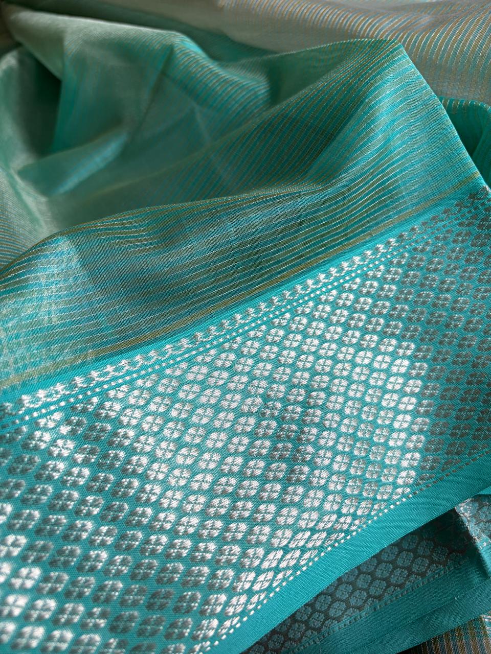 Neerja Silver-Grey and Aqua Blue Handwoven Maheshwari Saree