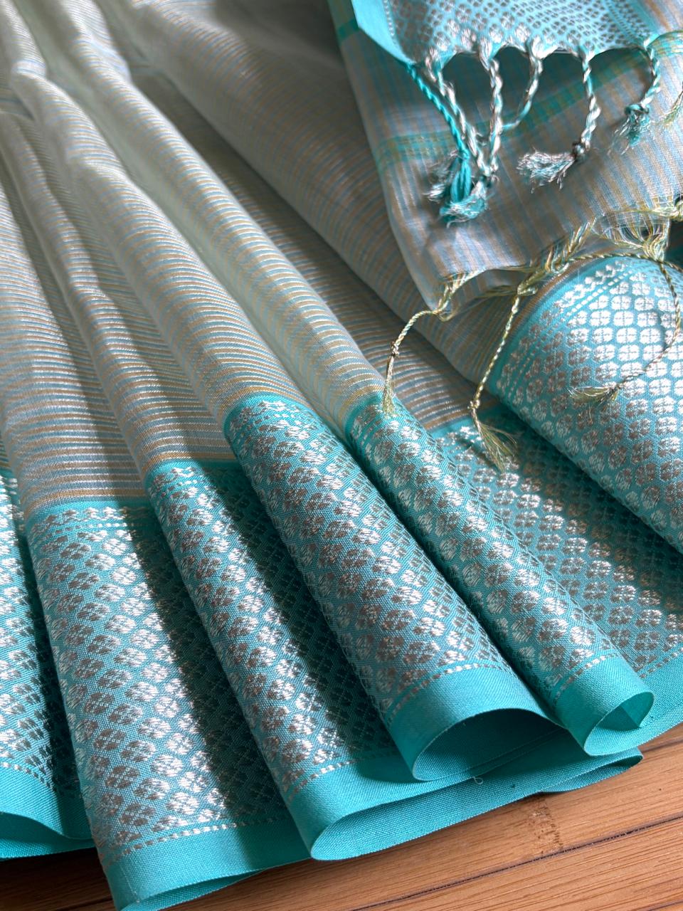 Neerja Silver-Grey and Aqua Blue Handwoven Maheshwari Saree