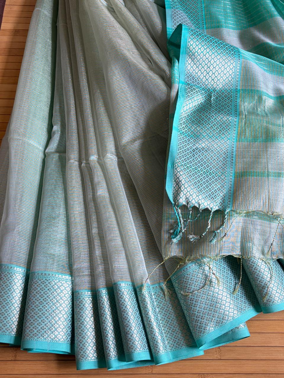Neerja Silver-Grey and Aqua Blue Handwoven Maheshwari Saree