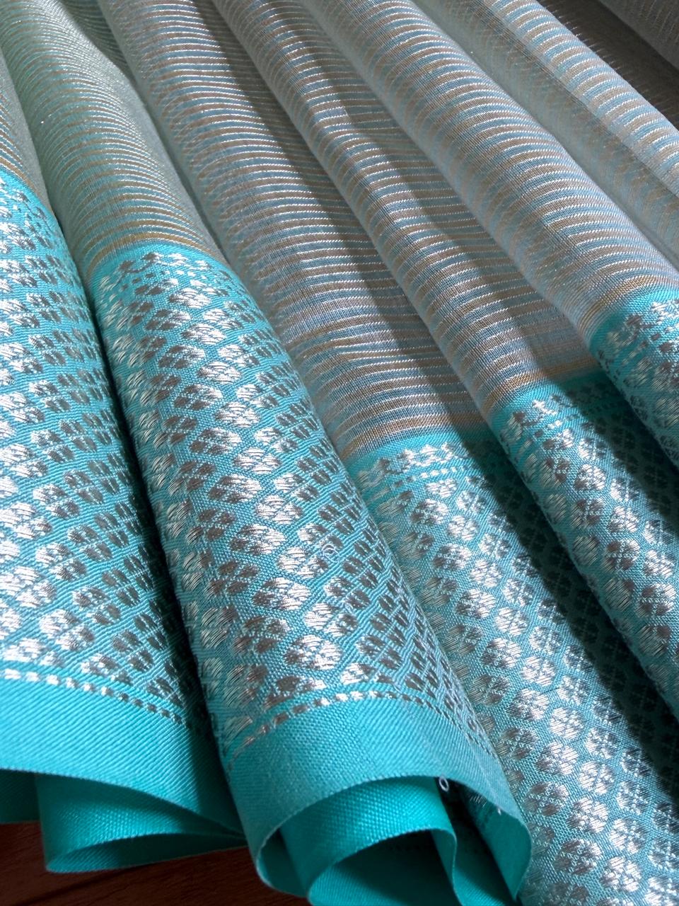 Neerja Silver-Grey and Aqua Blue Handwoven Maheshwari Saree