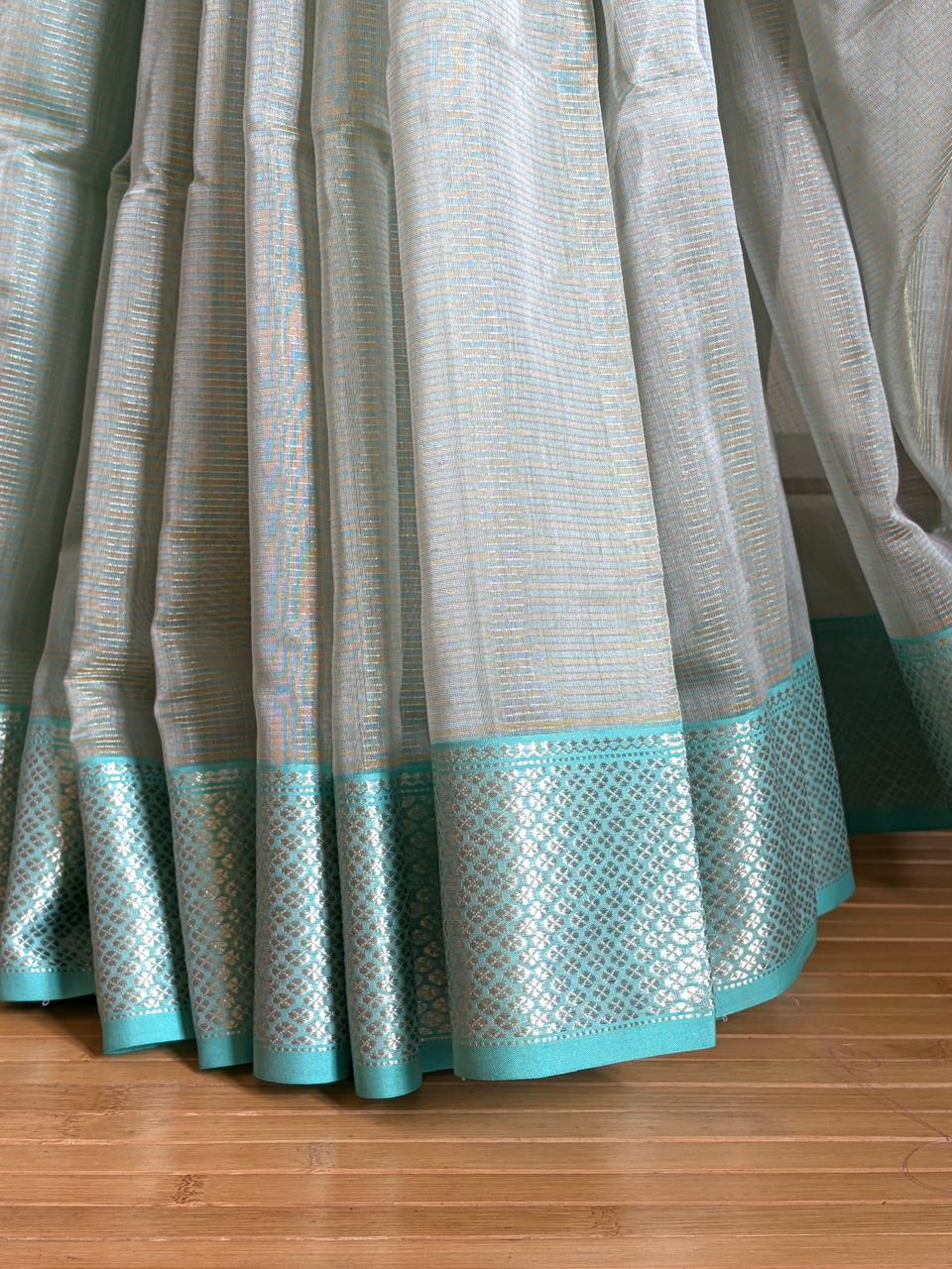 Neerja Silver-Grey and Aqua Blue Handwoven Maheshwari Saree
