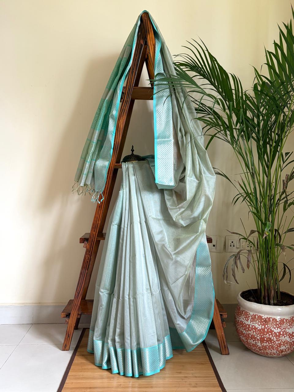 Neerja Silver-Grey and Aqua Blue Handwoven Maheshwari Saree