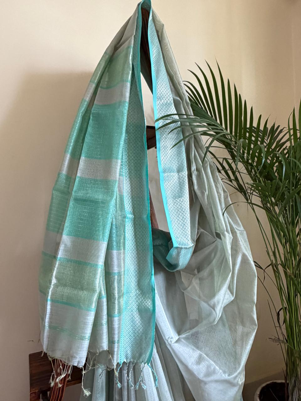 Neerja Silver-Grey and Aqua Blue Handwoven Maheshwari Saree