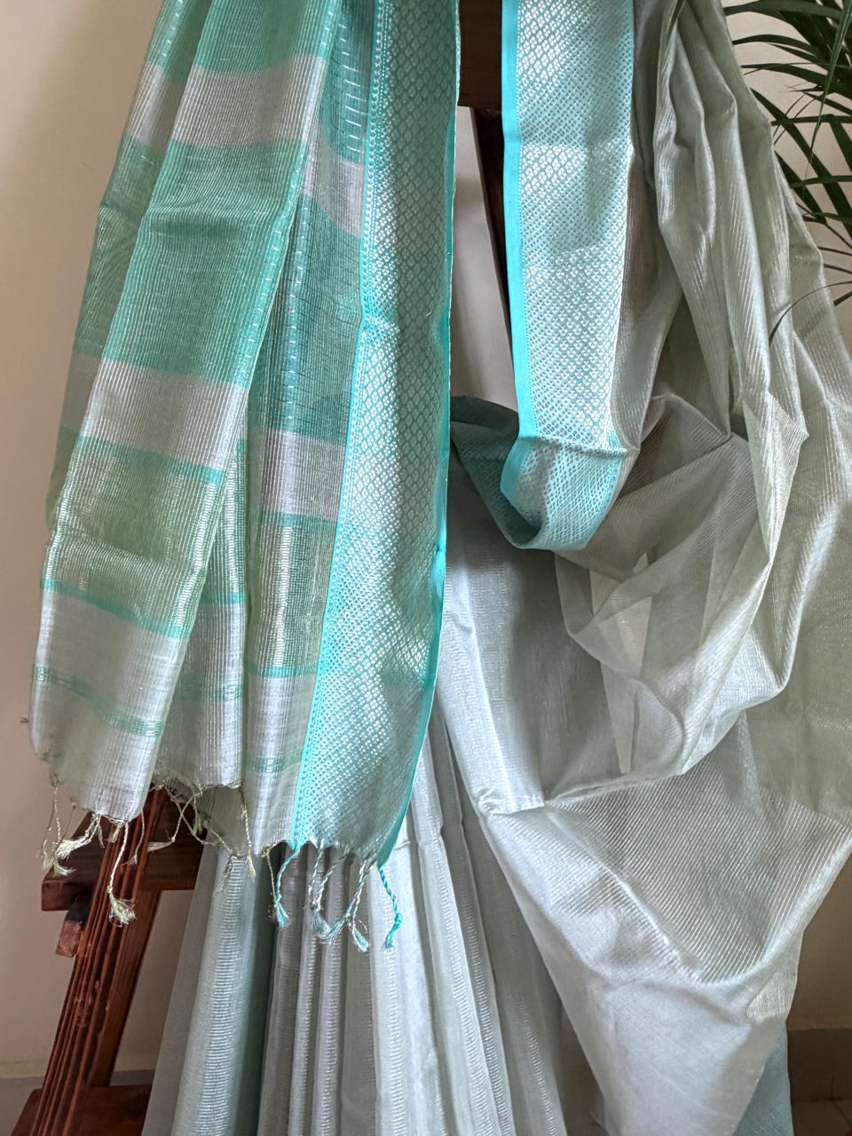 Neerja Silver-Grey and Aqua Blue Handwoven Maheshwari Saree