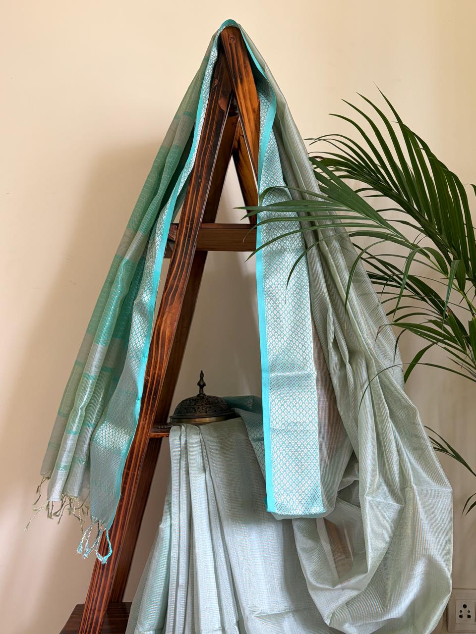 Neerja Silver-Grey and Aqua Blue Handwoven Maheshwari Saree