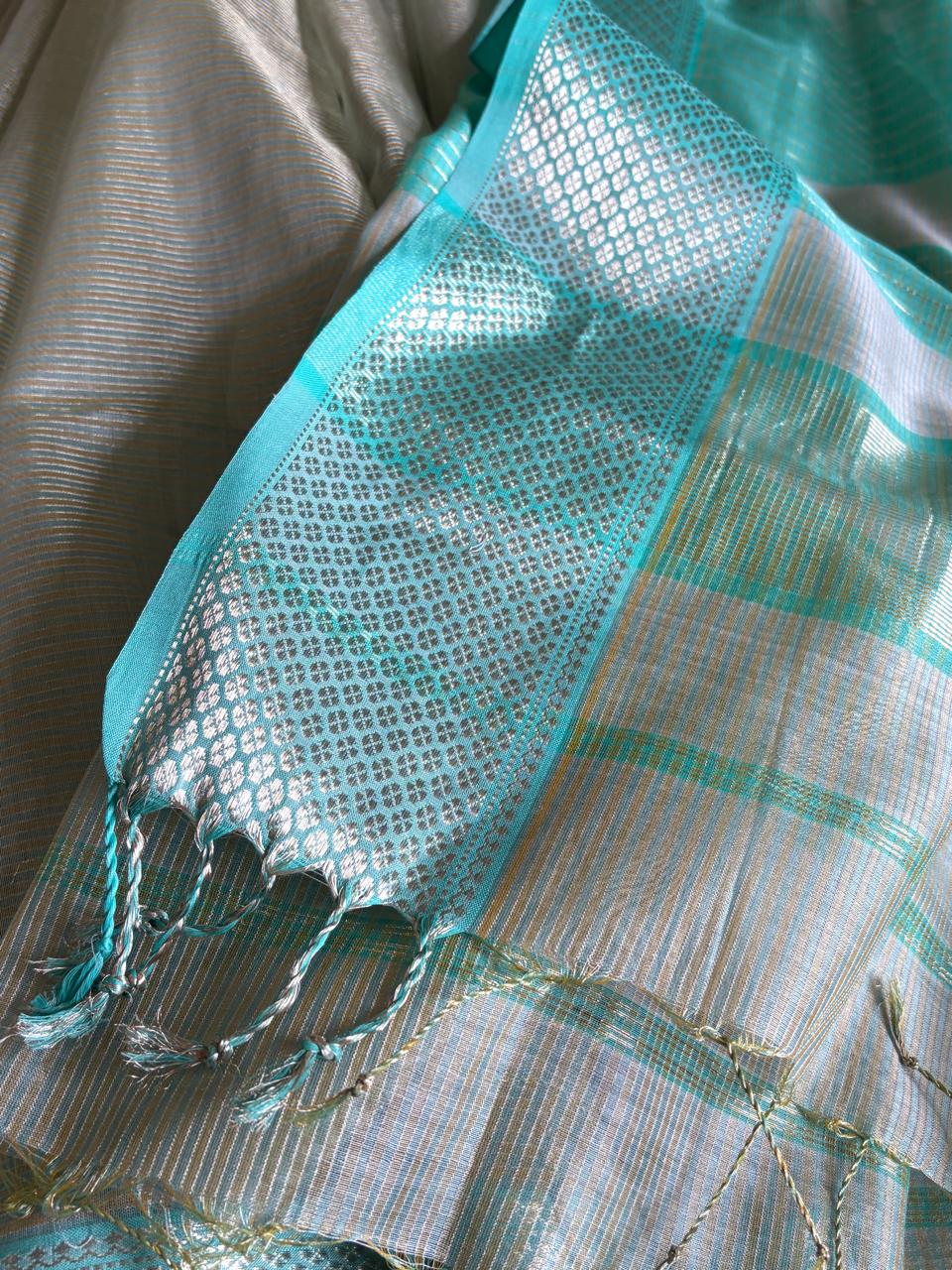 Neerja Silver-Grey and Aqua Blue Handwoven Maheshwari Saree