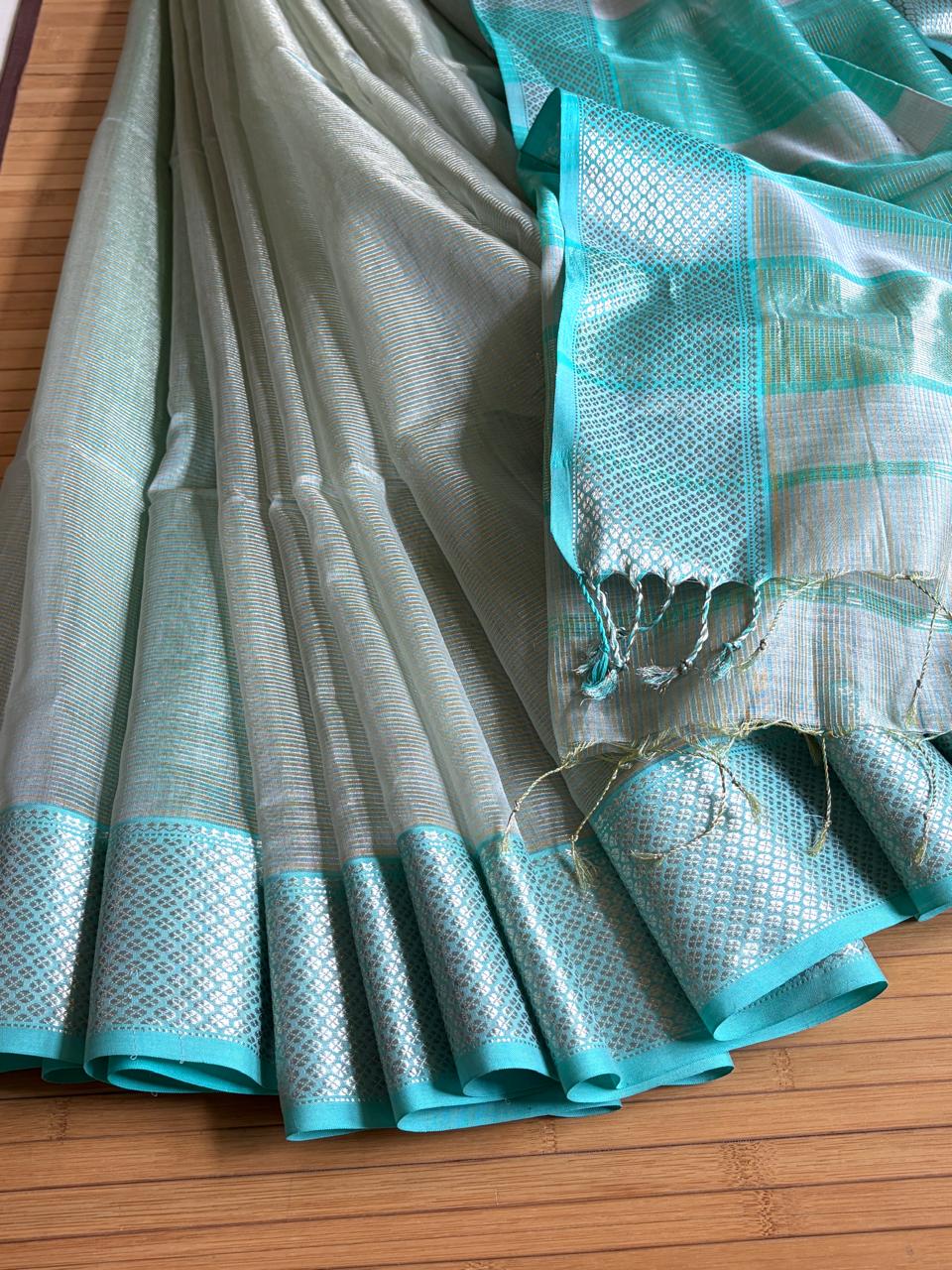 Neerja Silver-Grey and Aqua Blue Handwoven Maheshwari Saree