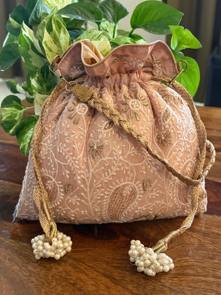 Image of Noor Blush Peach Pure Silk Chikankari Handwork Potli