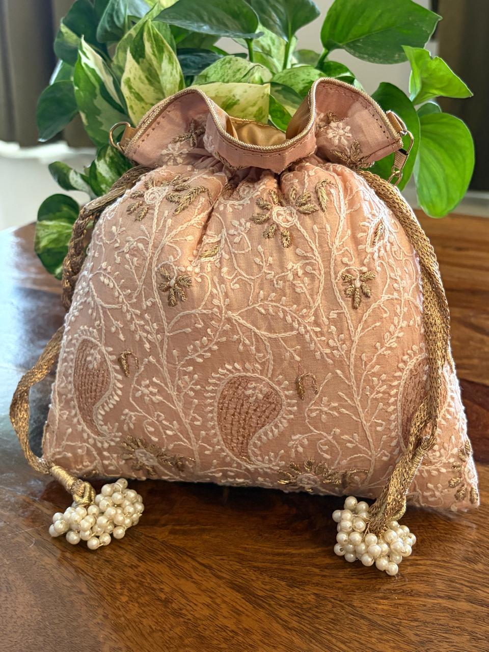 Noor Blush Peach Pure Silk Chikankari Handwork Potli