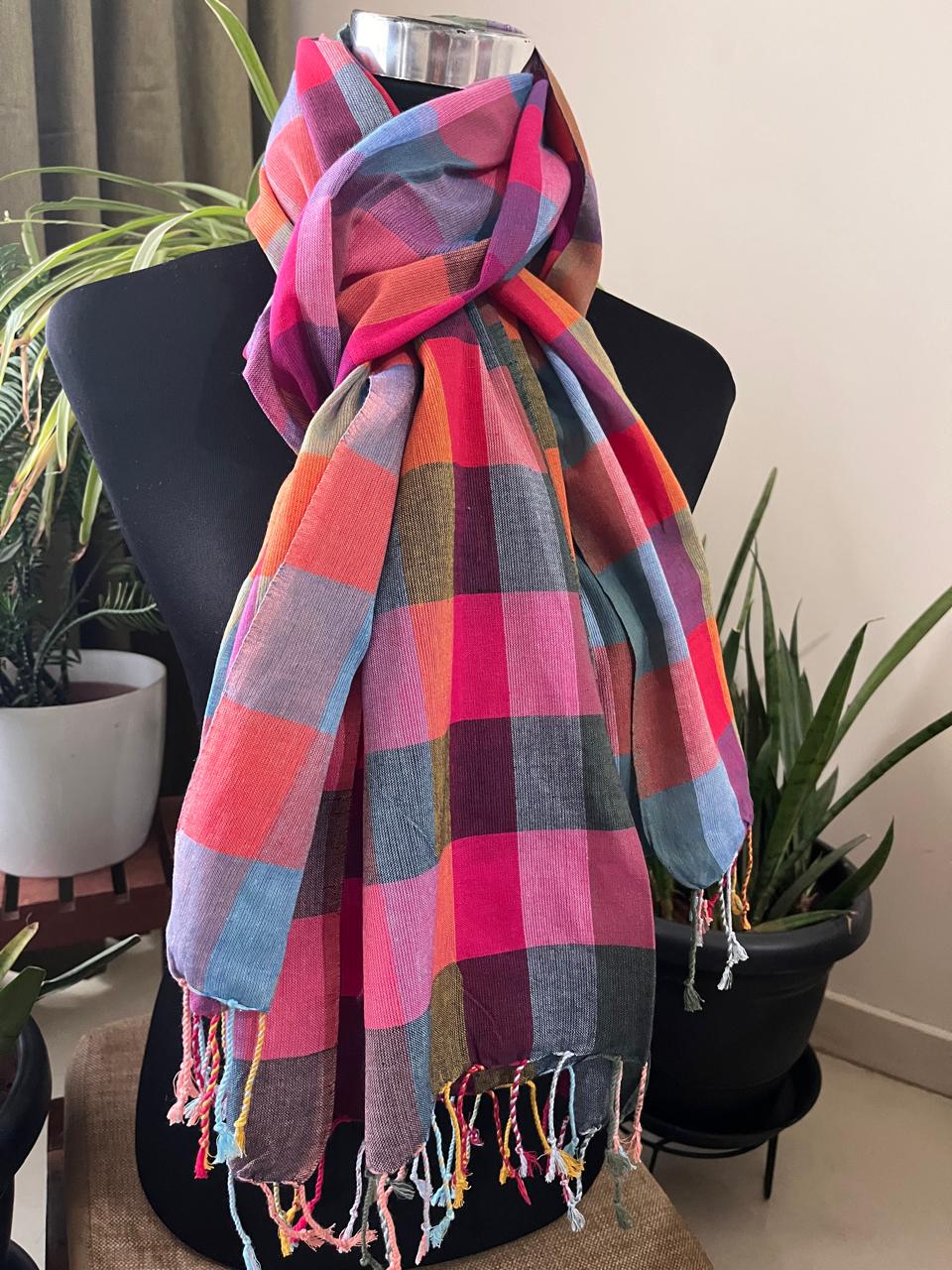 Pure Organic Cotton Handloom Stole Vibrant Checkered Weave