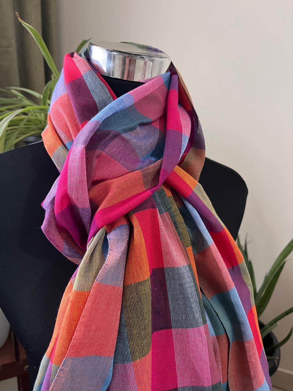 Pure Organic Cotton Handloom Stole Vibrant Checkered Weave
