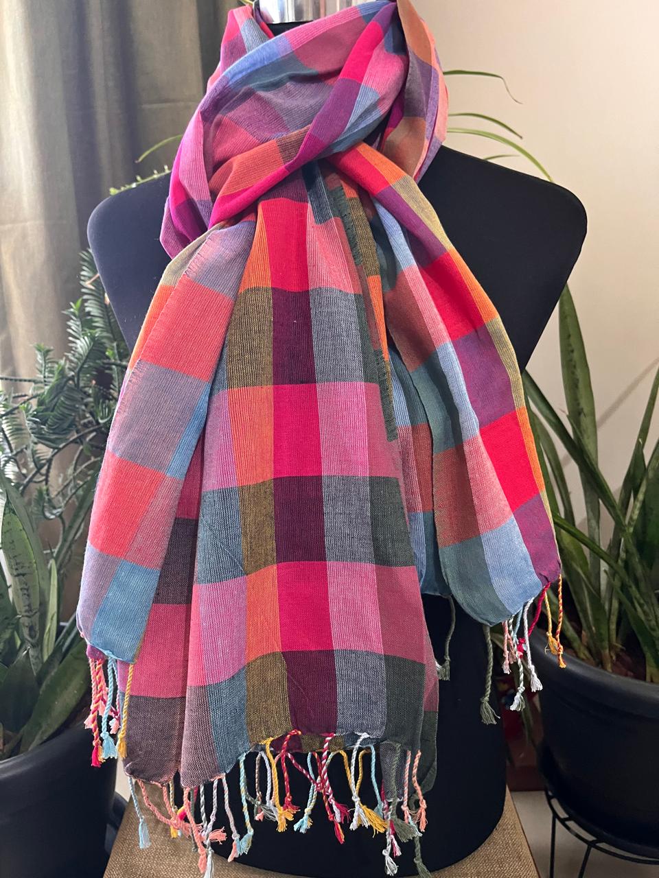 Pure Organic Cotton Handloom Stole Vibrant Checkered Weave