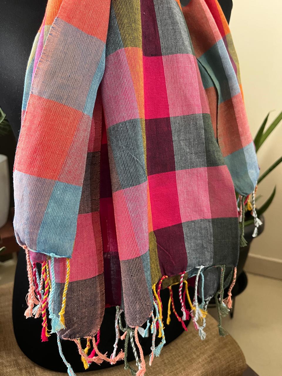 Pure Organic Cotton Handloom Stole Vibrant Checkered Weave