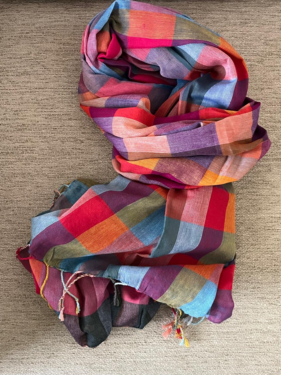 Pure Organic Cotton Handloom Stole Vibrant Checkered Weave