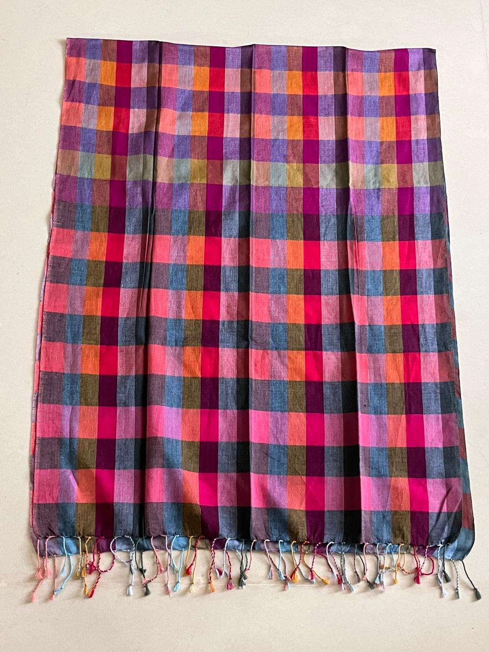 Pure Organic Cotton Handloom Stole Vibrant Checkered Weave