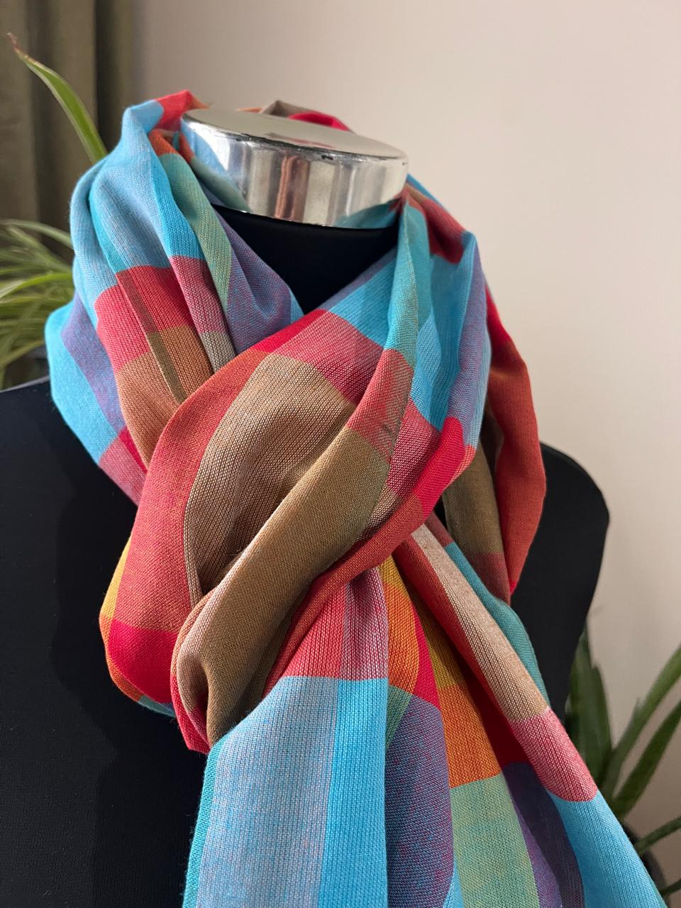 Organic cotton Handwoven Stole - Chequered Pastel Weave