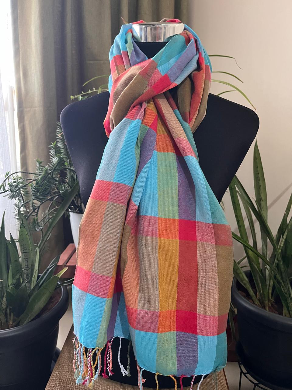 Organic cotton Handwoven Stole - Chequered Pastel Weave