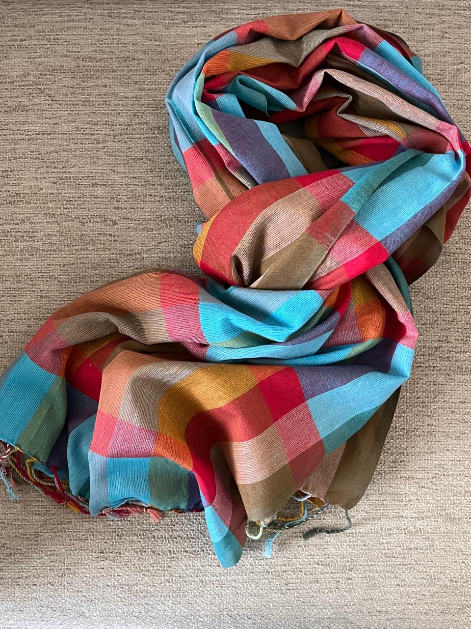 Organic cotton Handwoven Stole - Chequered Pastel Weave