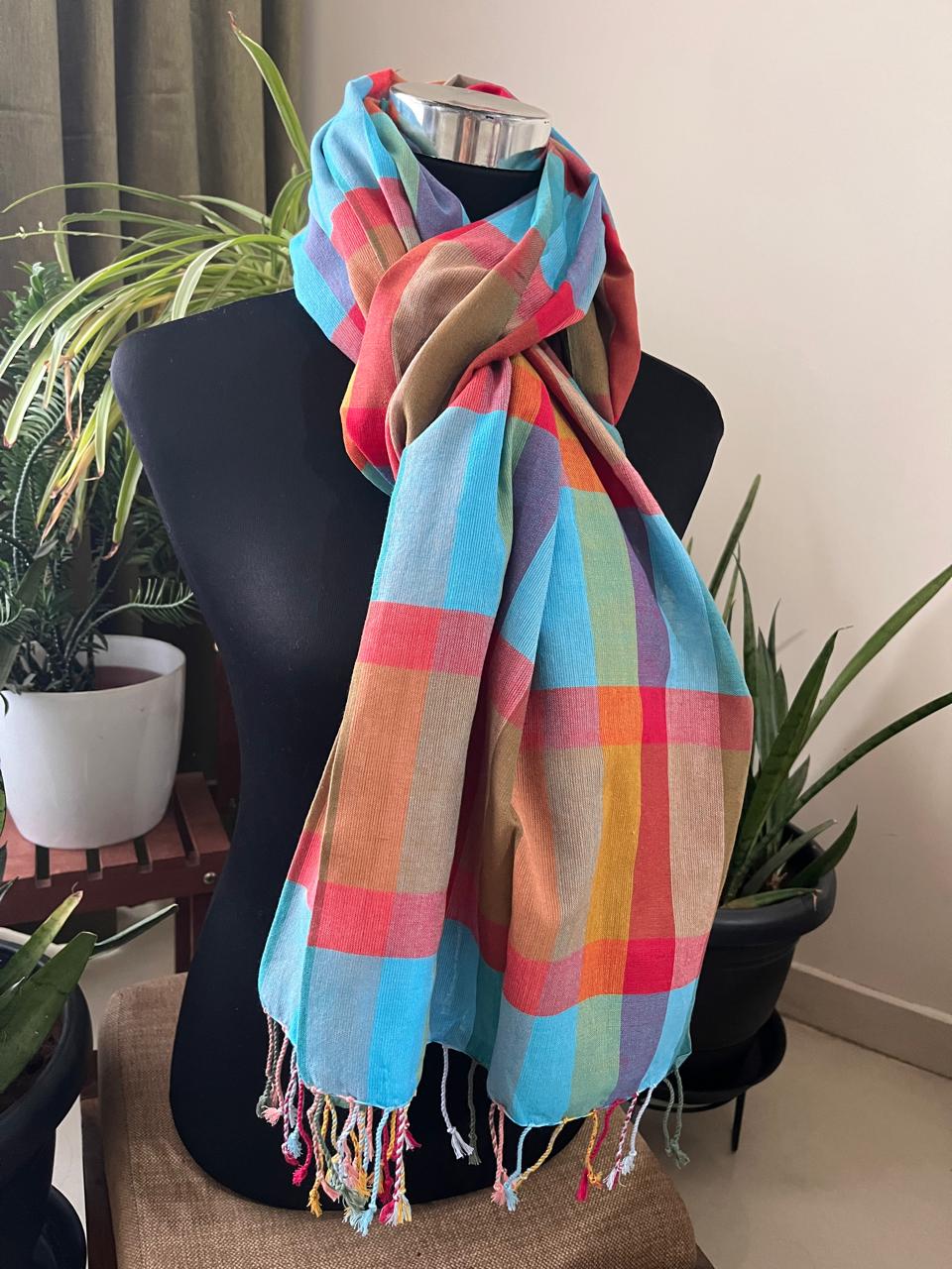 Organic cotton Handwoven Stole - Chequered Pastel Weave