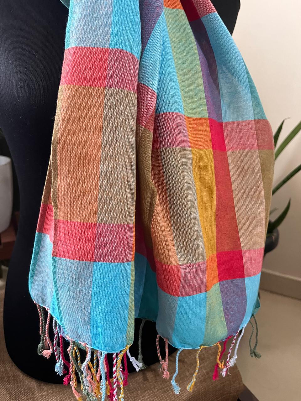 Organic cotton Handwoven Stole - Chequered Pastel Weave