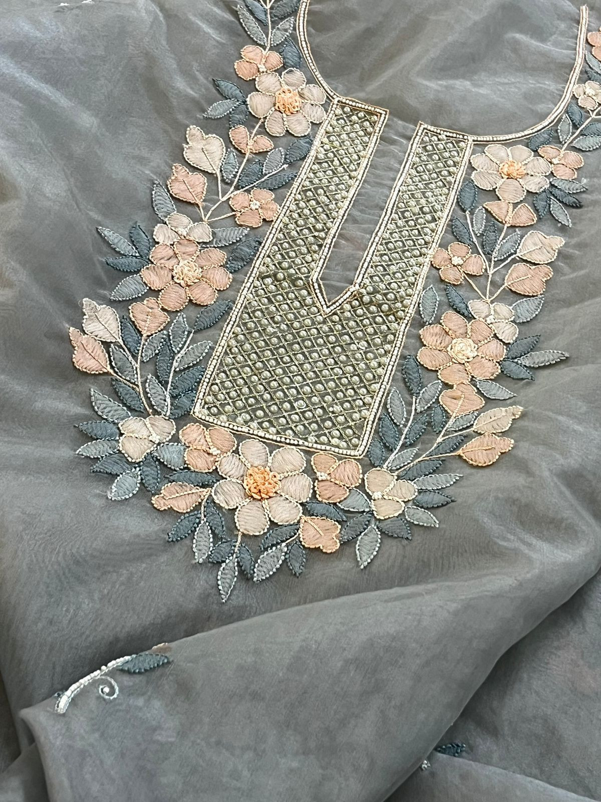 Organza Tissue Chikankari Kurta - Greyish Blue