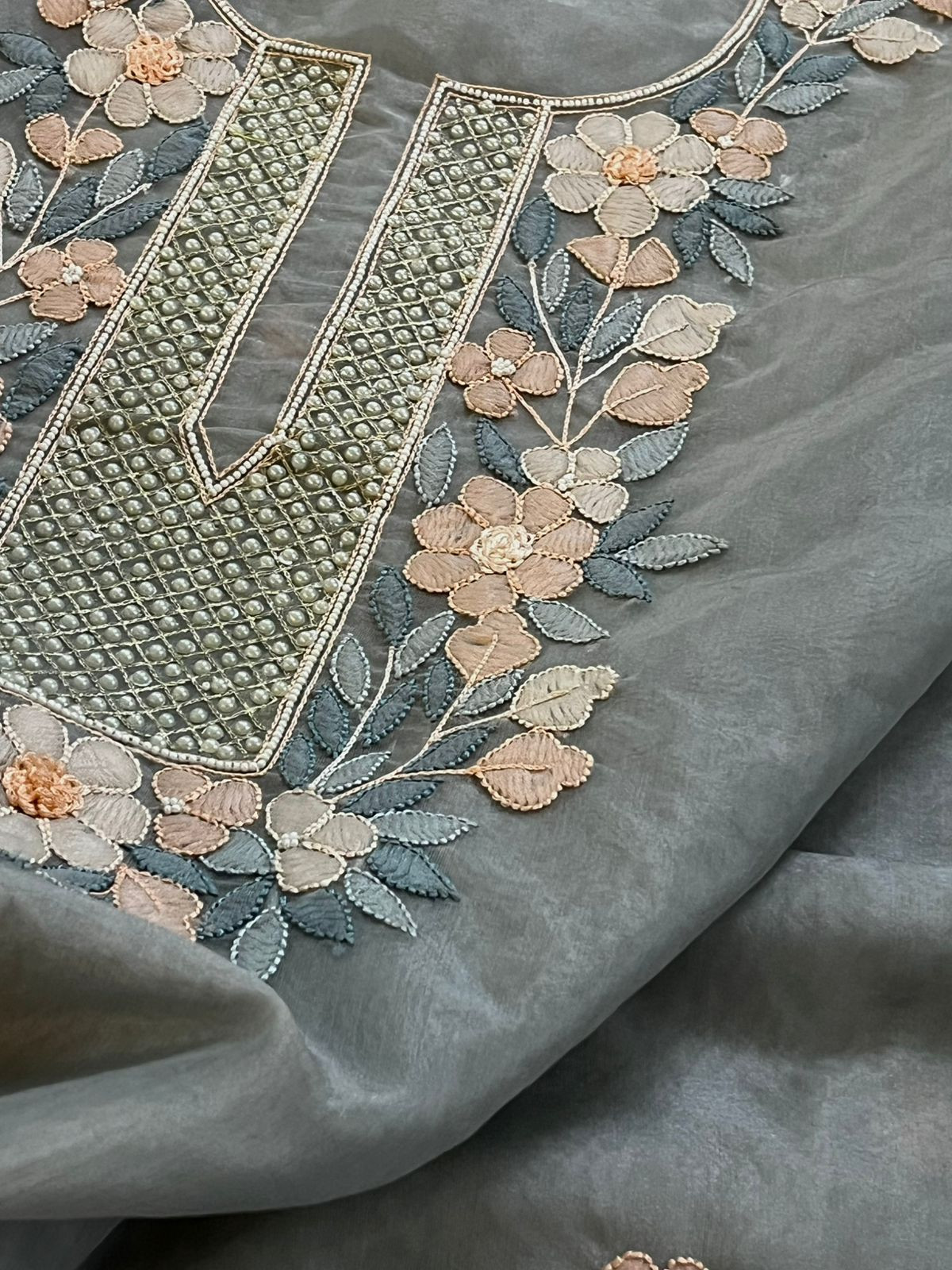 Organza Tissue Chikankari Kurta - Greyish Blue