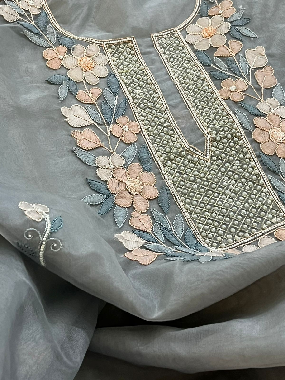 Organza Tissue Chikankari Kurta - Greyish Blue