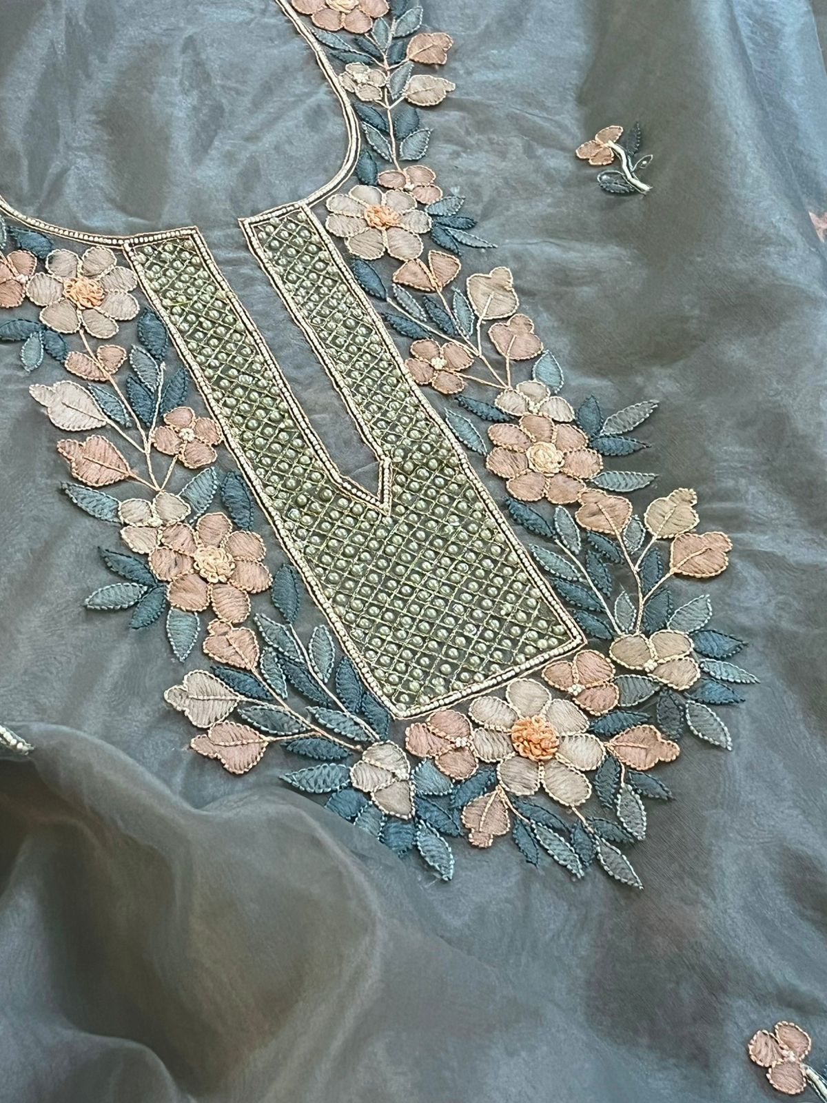 Organza Tissue Chikankari Kurta - Greyish Blue