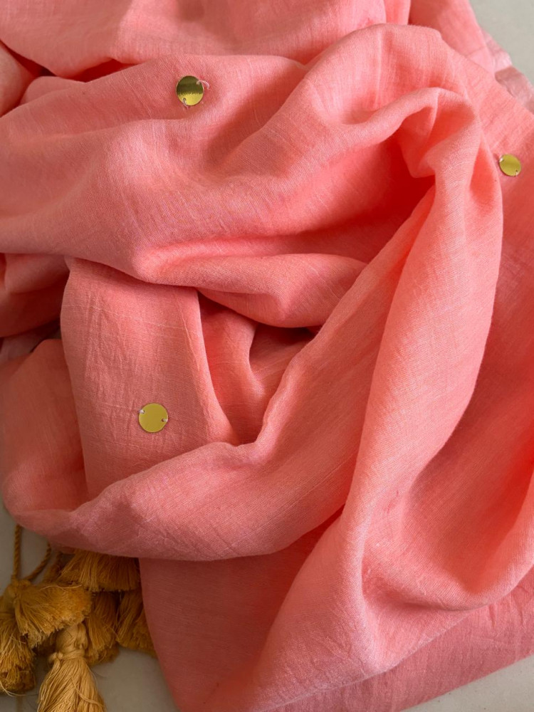 Image of Soft and comfortable Pure Mul Mul Sarees with Dot Sequin Work - Peach