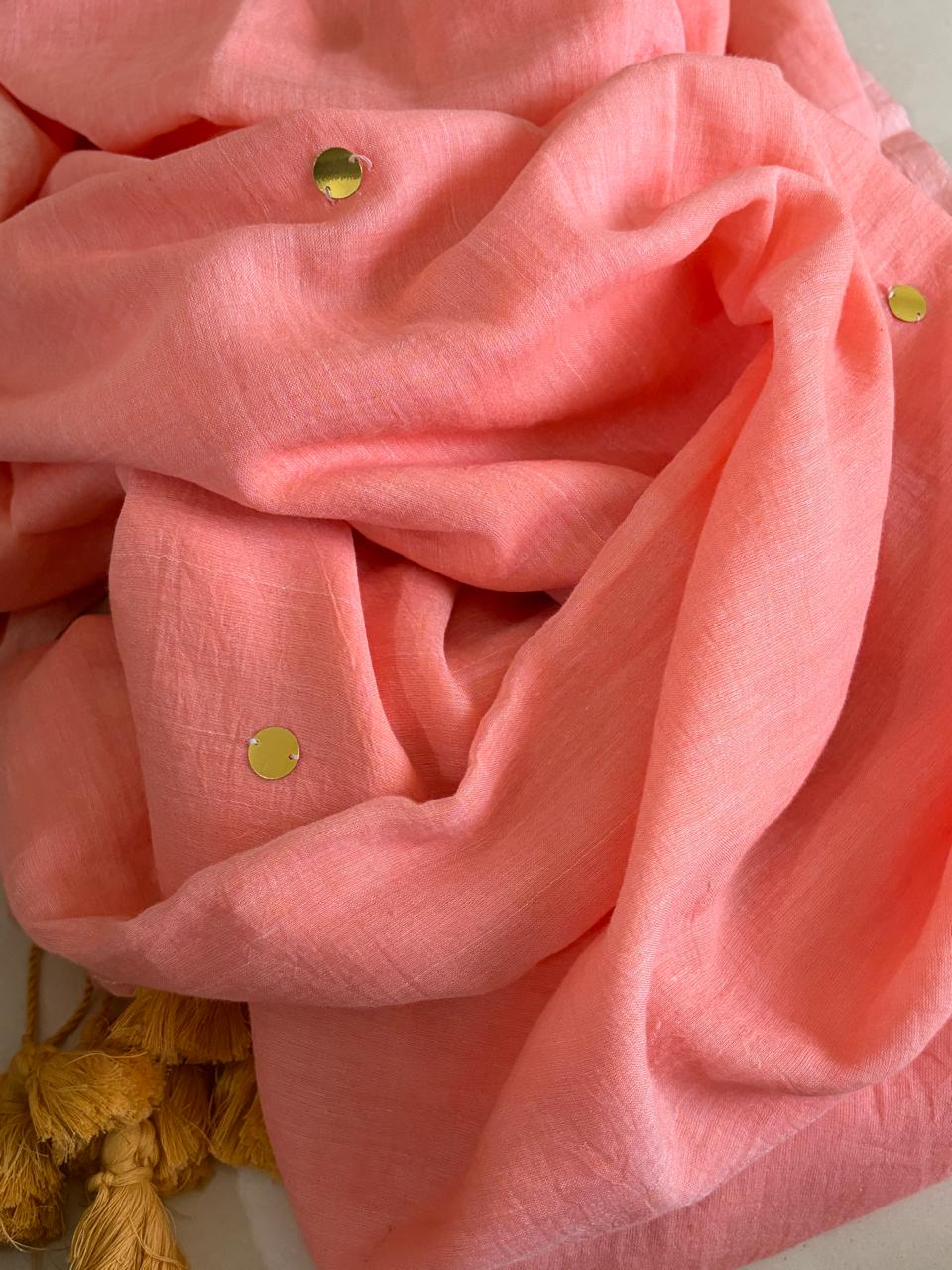 Soft and comfortable Pure Mul Mul Sarees with Dot Sequin Work - Peach