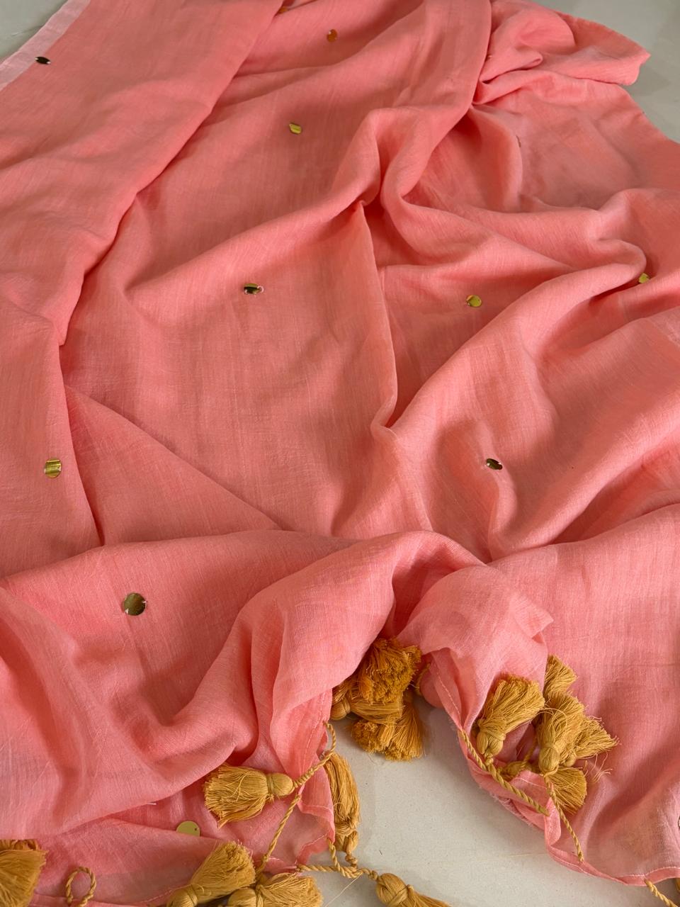 Soft and comfortable Pure Mul Mul Sarees with Dot Sequin Work - Peach
