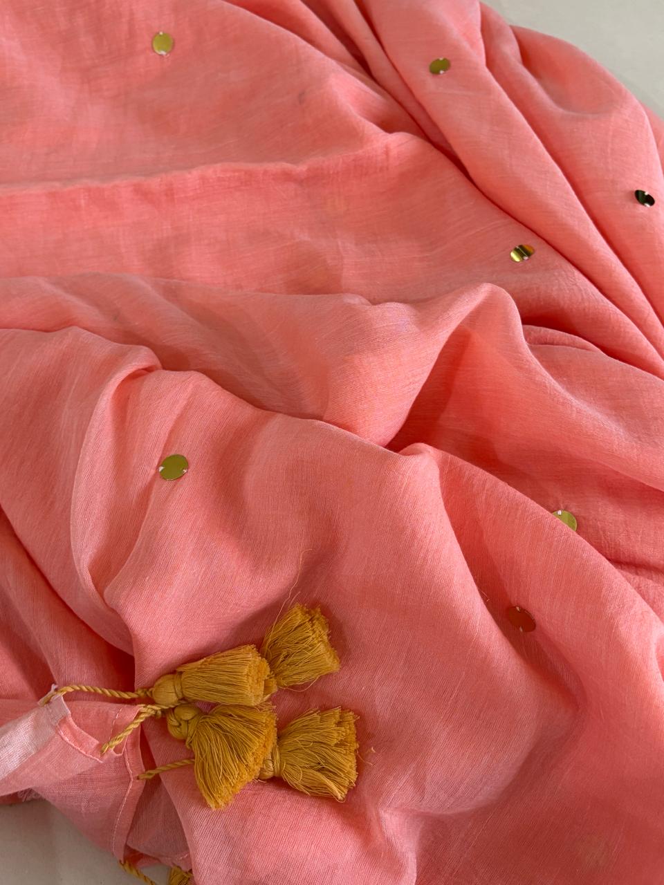 Soft and comfortable Pure Mul Mul Sarees with Dot Sequin Work - Peach