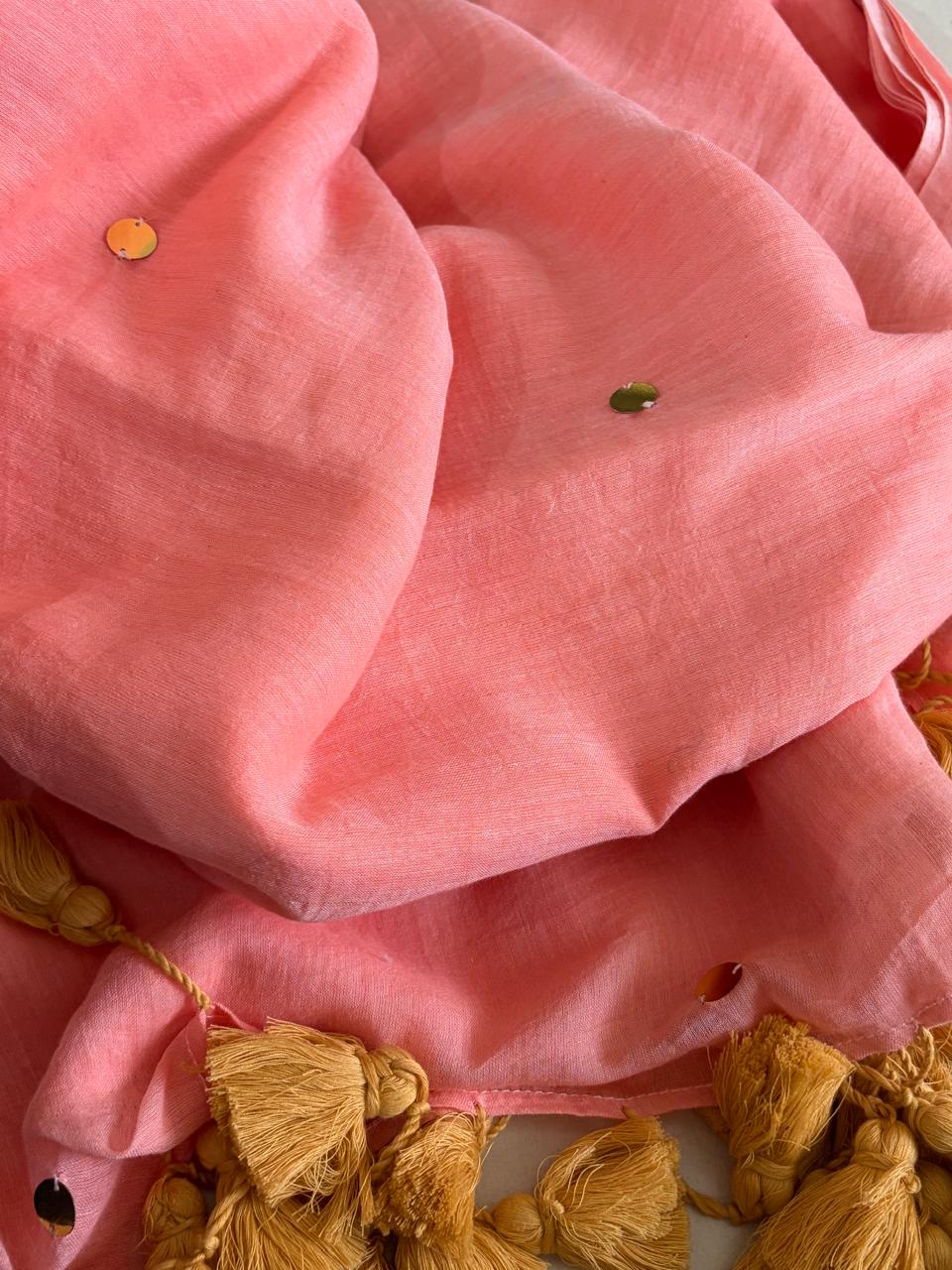 Soft and comfortable Pure Mul Mul Sarees with Dot Sequin Work - Peach