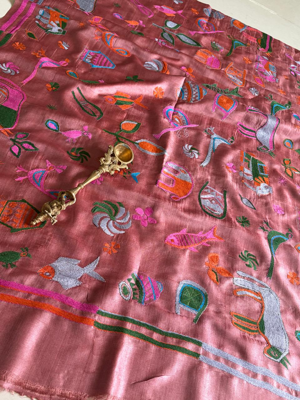 Pure Tussar Silk Handwoven Dupatta with intricate Hand Kantha Embroidery - Pinkish Rust with Multicolour