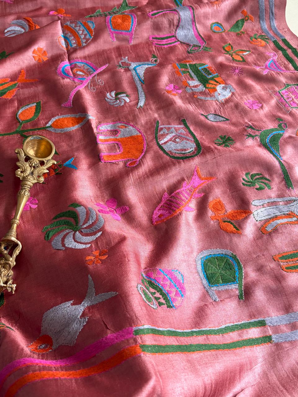 Pure Tussar Silk Handwoven Dupatta with intricate Hand Kantha Embroidery - Pinkish Rust with Multicolour