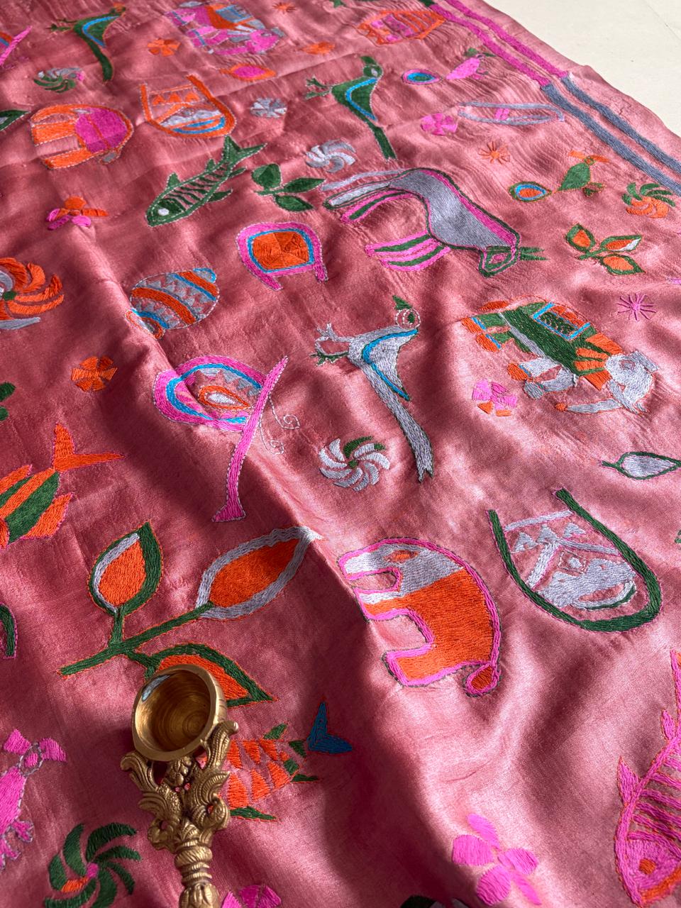 Pure Tussar Silk Handwoven Dupatta with intricate Hand Kantha Embroidery - Pinkish Rust with Multicolour