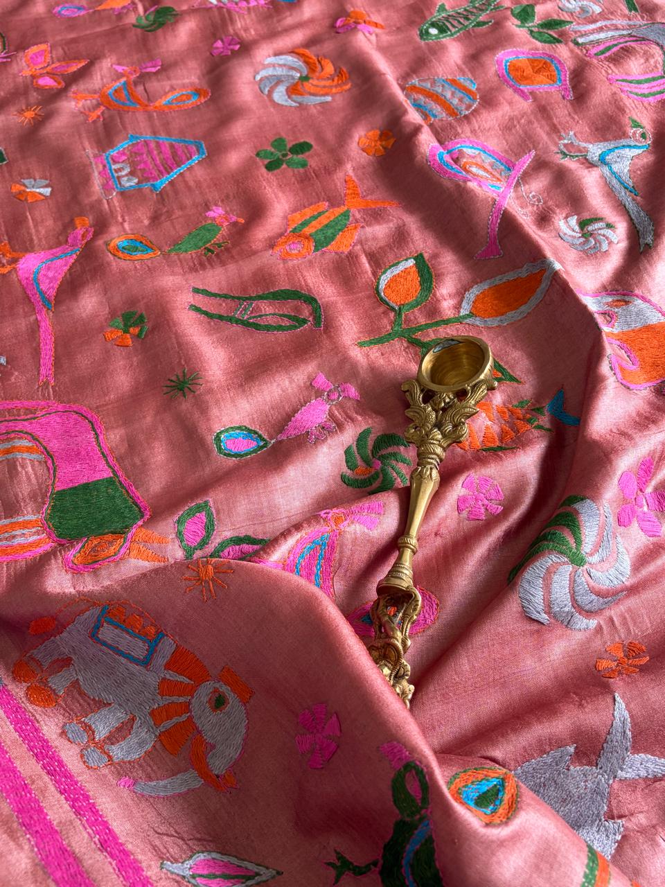 Pure Tussar Silk Handwoven Dupatta with intricate Hand Kantha Embroidery - Pinkish Rust with Multicolour