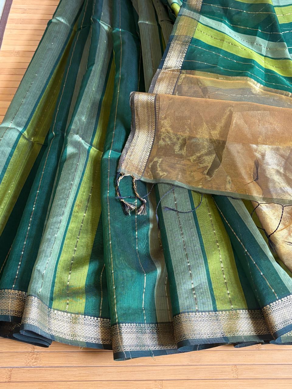 Prakriti Emerald Green Striped Handwoven Maheshwari Saree
