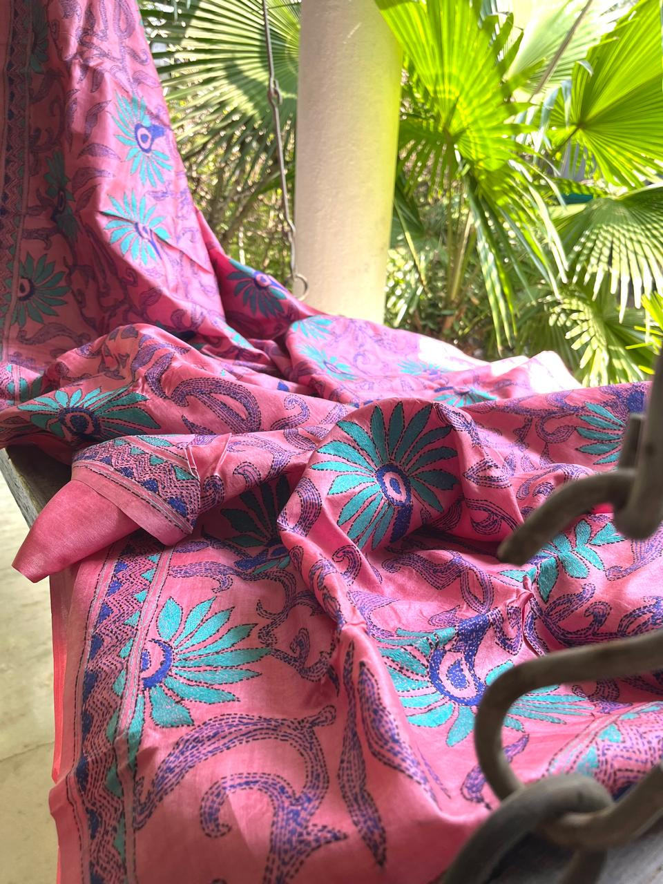 Pure Tussar Silk Handwoven Saree with hand Kantha Embroidery- Pink Floral