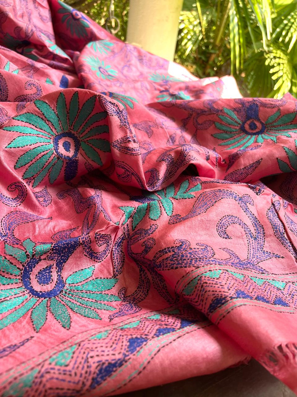 Pure Tussar Silk Handwoven Saree with hand Kantha Embroidery- Pink Floral