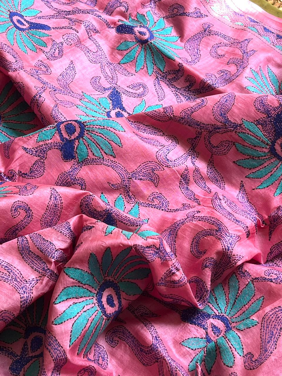 Pure Tussar Silk Handwoven Saree with hand Kantha Embroidery- Pink Floral