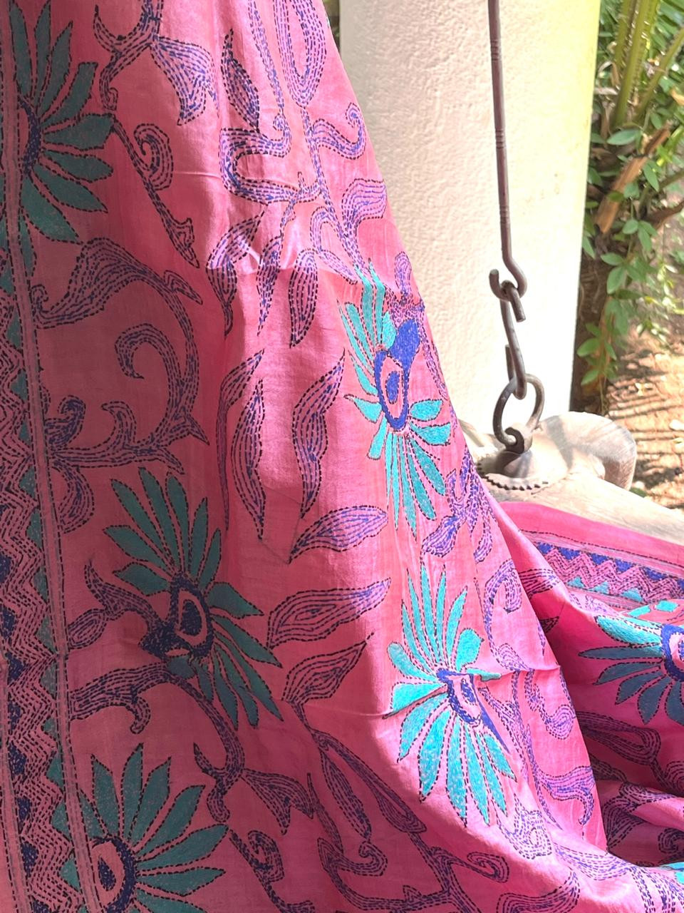 Pure Tussar Silk Handwoven Saree with hand Kantha Embroidery- Pink Floral