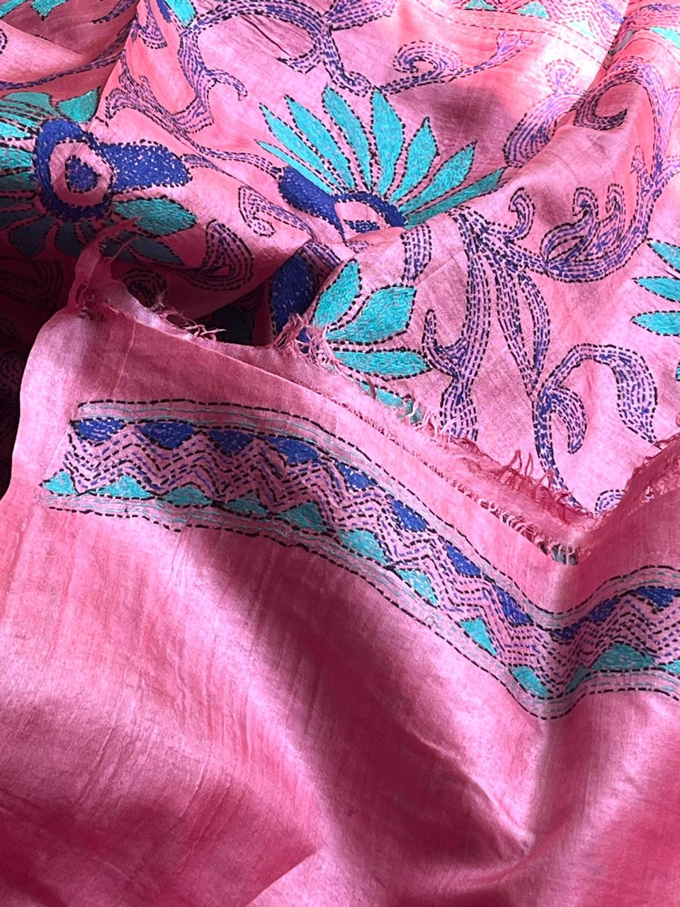 Pure Tussar Silk Handwoven Saree with hand Kantha Embroidery- Pink Floral